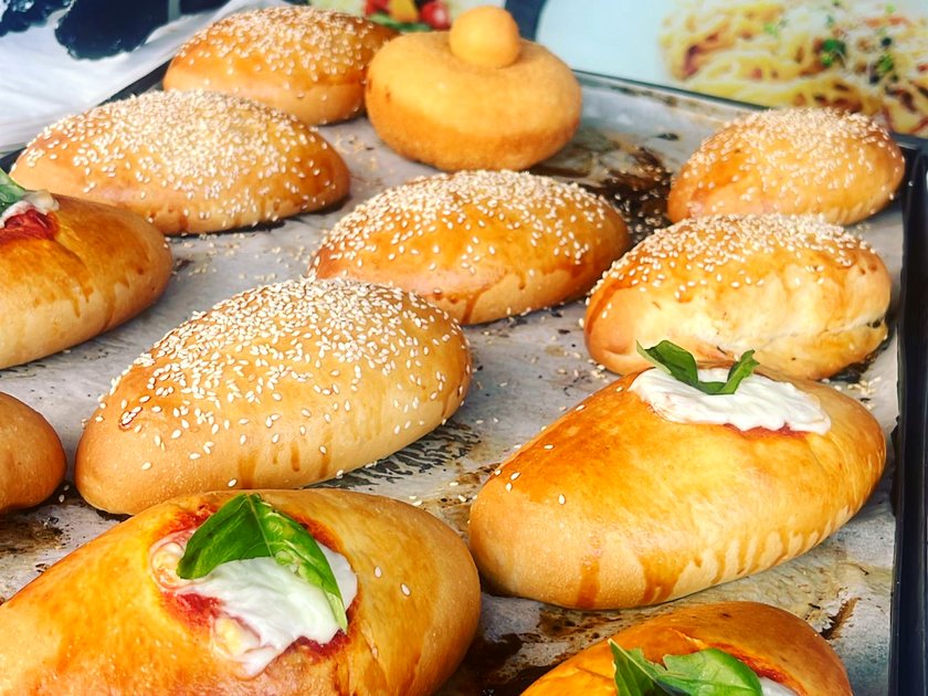 The savoury shelf — sesame buns, filled rolls and small pizzette